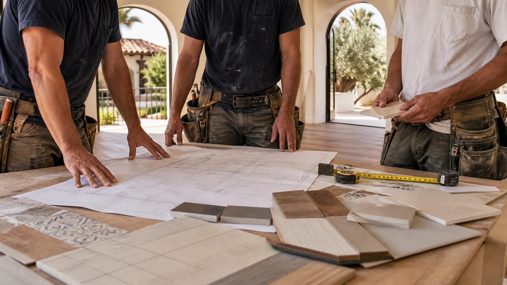 Golden House General Construction crew planning remodel work in Culver City CA without face-forward portrait